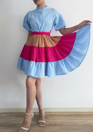 Rochie Din Panza Naturala Curcubeu Bleu