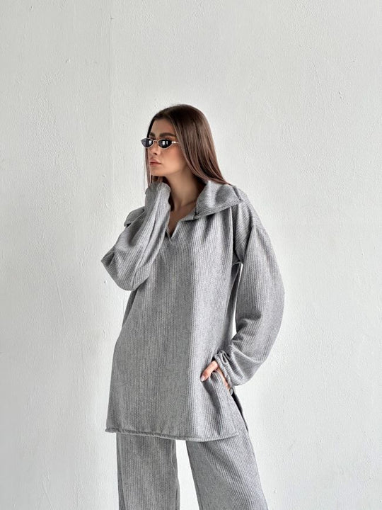 Compleu Oversize Cu Guler Lasat Knitwear Gri