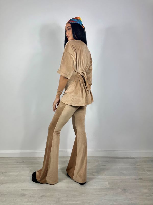 Trening Bluza Oversize Cu Cordon Si Pantaloni Evazati Din Catifea Light Beige