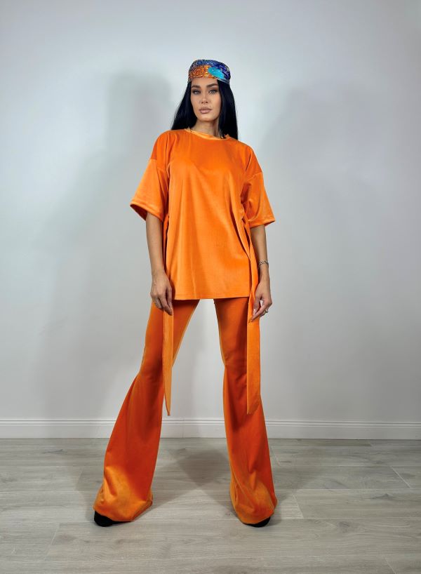 Trening Bluza Oversize Cu Cordon Si Pantaloni Evazati Din Catifea Bright Orange