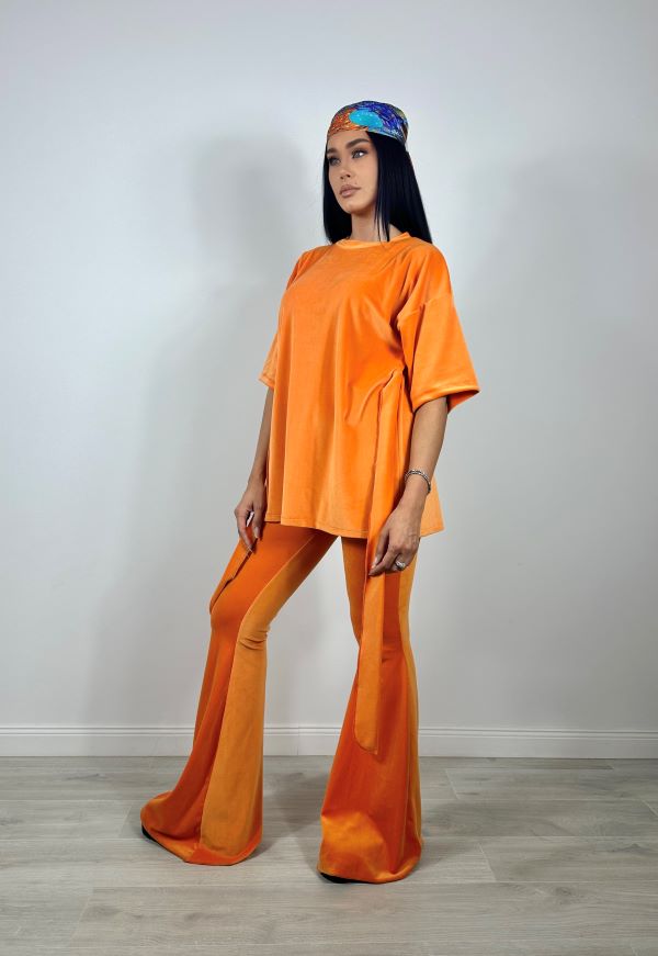 Trening Bluza Oversize Cu Cordon Si Pantaloni Evazati Din Catifea Bright Orange