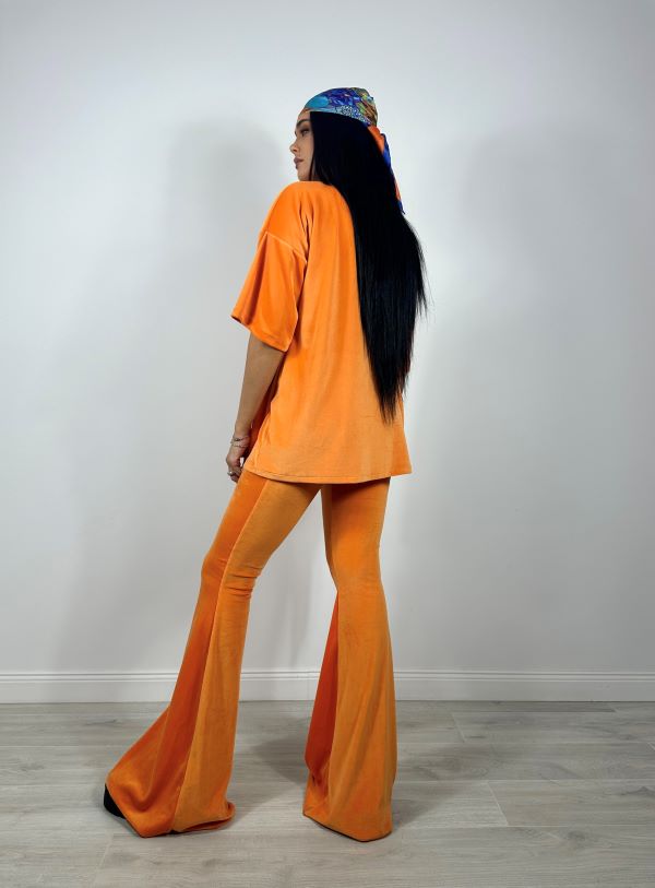 Trening Bluza Oversize Cu Cordon Si Pantaloni Evazati Din Catifea Bright Orange