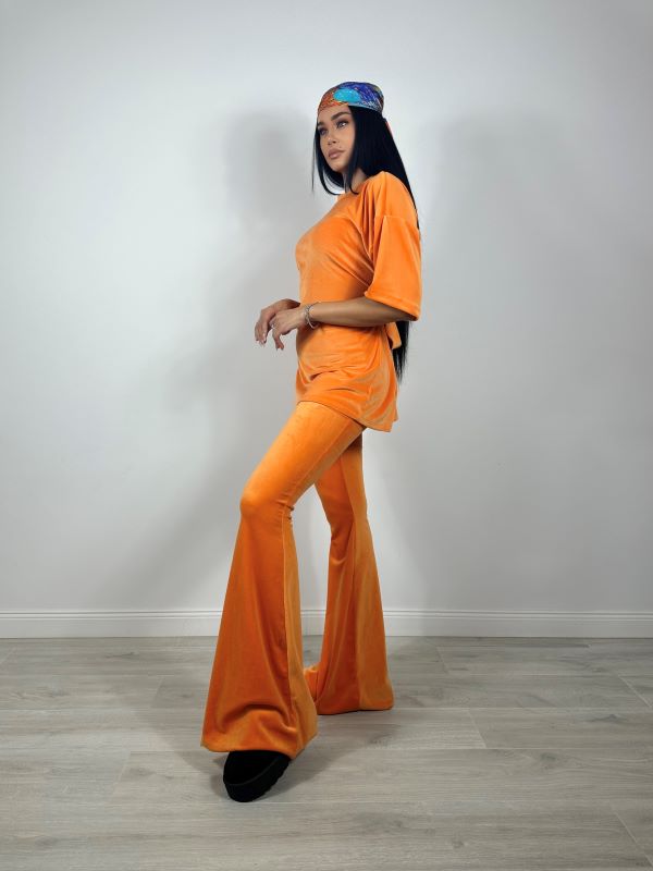 Trening Bluza Oversize Cu Cordon Si Pantaloni Evazati Din Catifea Bright Orange