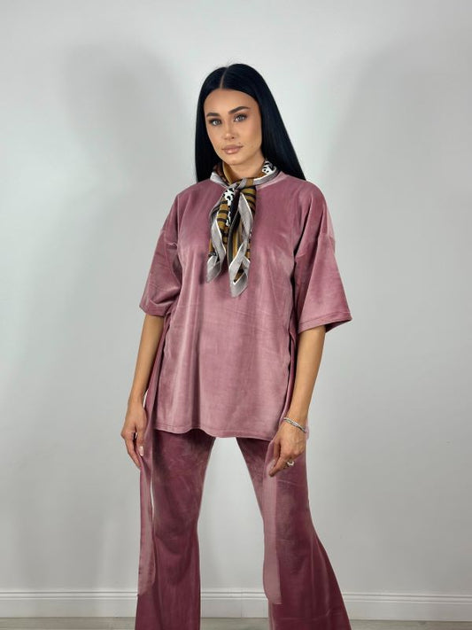 Trening Bluza Oversize Cu Cordon Si Pantaloni Evazati Din Catifea Dusty Pink