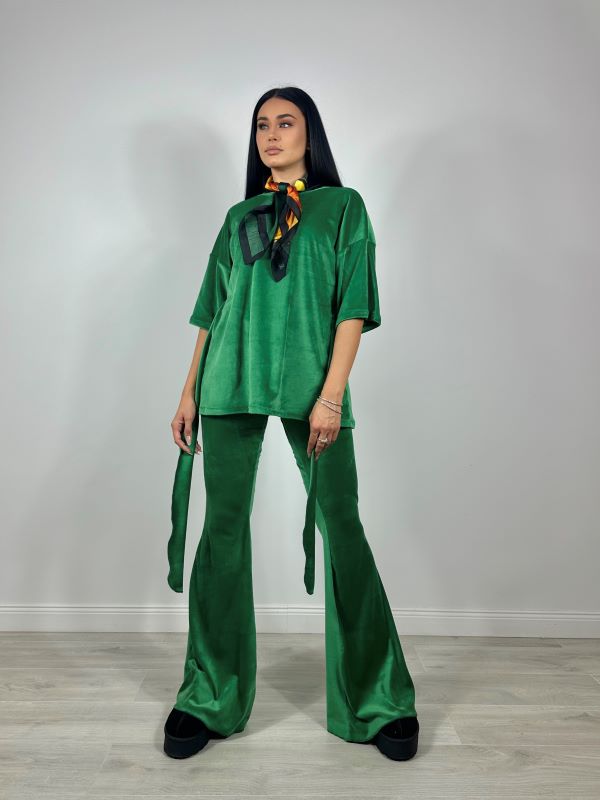 Trening Bluza Oversize Cu Cordon Si Pantaloni Evazati Din Catifea Verde