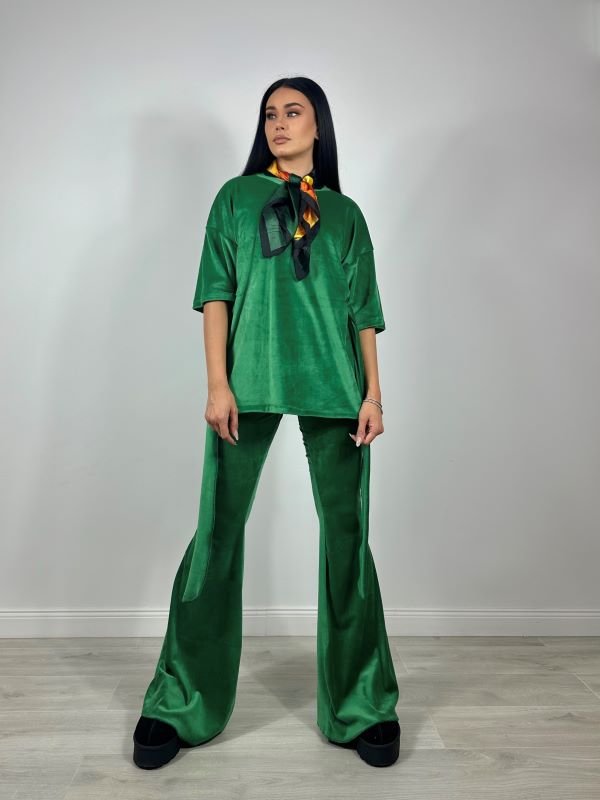 Trening Bluza Oversize Cu Cordon Si Pantaloni Evazati Din Catifea Verde