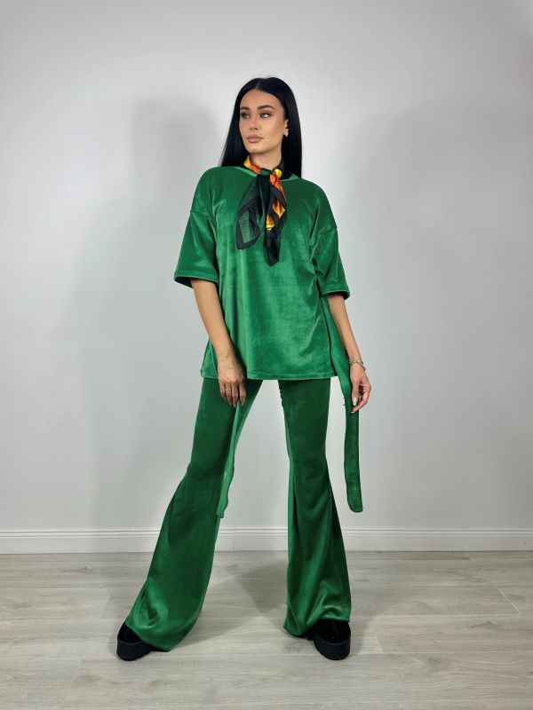 Trening Bluza Oversize Cu Cordon Si Pantaloni Evazati Din Catifea Verde