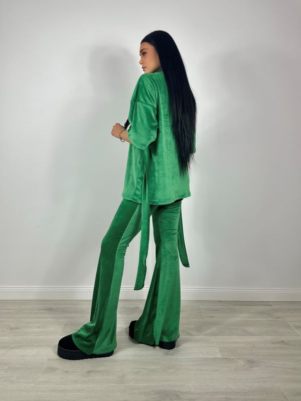 Trening Bluza Oversize Cu Cordon Si Pantaloni Evazati Din Catifea Verde