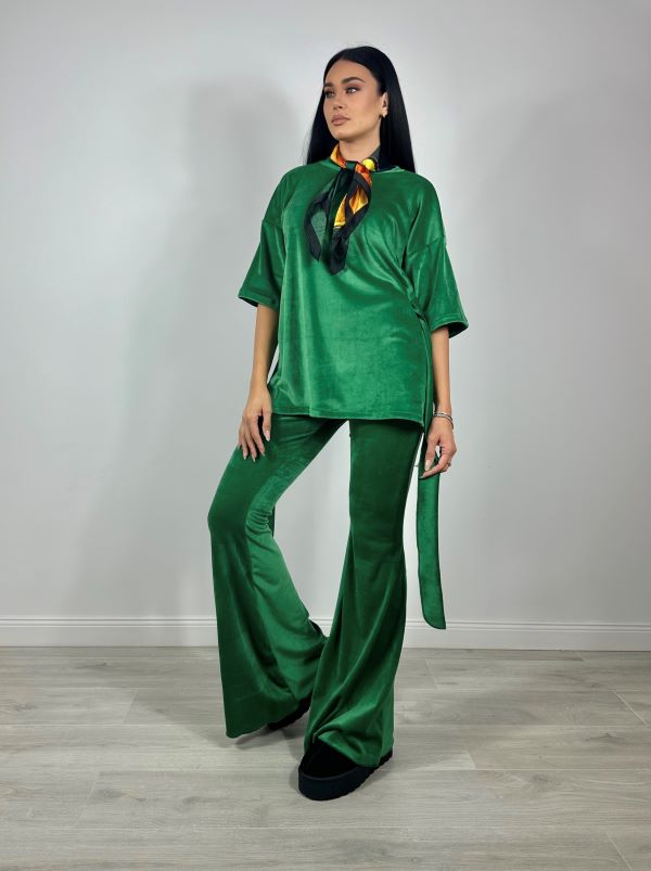 Trening Bluza Oversize Cu Cordon Si Pantaloni Evazati Din Catifea Verde