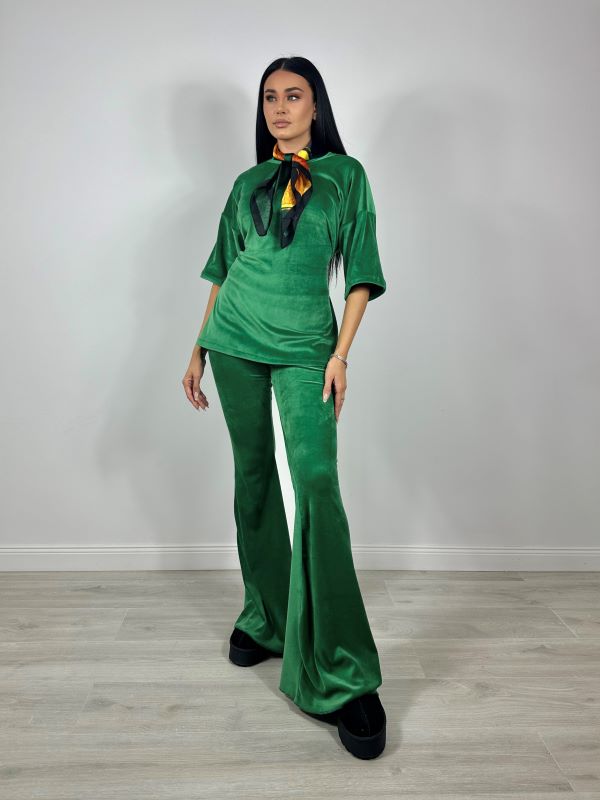 Trening Bluza Oversize Cu Cordon Si Pantaloni Evazati Din Catifea Verde