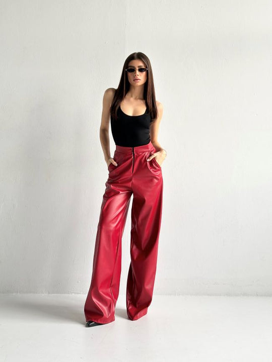 Pantaloni Largi Din Piele Ecologica Red