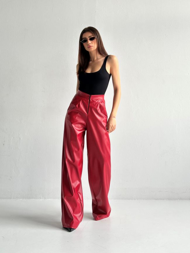 Pantaloni Largi Din Piele Ecologica Red