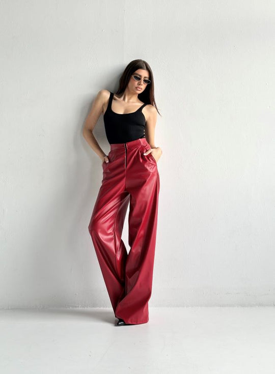 Pantaloni Largi Din Piele Ecologica Red