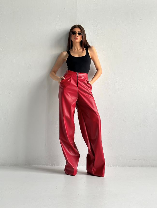 Pantaloni Largi Din Piele Ecologica Red