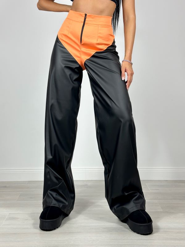 Pantaloni Largi Din Piele Eco Funky Cut Orange