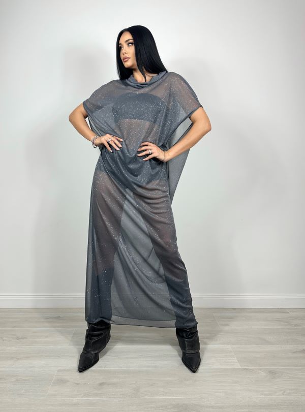 Rochie Lunga Oversize Din Tulle Silver Grey (cu bustiera si pantaloni)