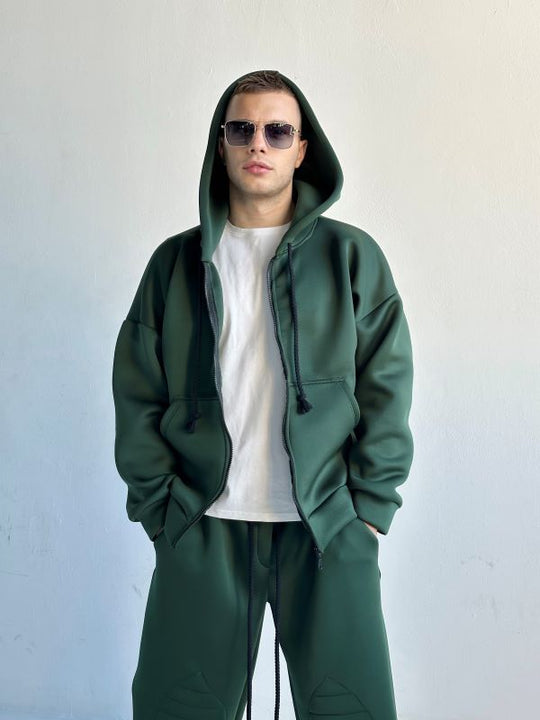 Set Jacheta Cu Gluga Si Pantaloni Cu Genunchiere DOPE Verde Inchis