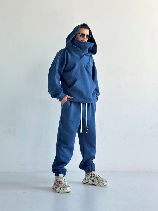 Trening Oversized Cu Gluga Si Guler Amplu SHADOW Albastru