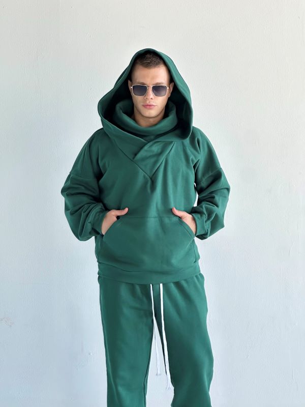 Trening Oversized Cu Gluga Si Guler Amplu SHADOW Verde Inchis