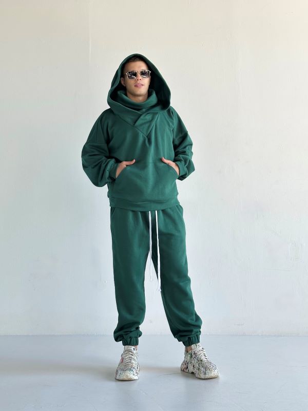 Trening Oversized Cu Gluga Si Guler Amplu SHADOW Verde Inchis