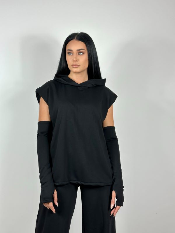 Trening Hoodie Long Cu Maneci Tip Manusi Negru