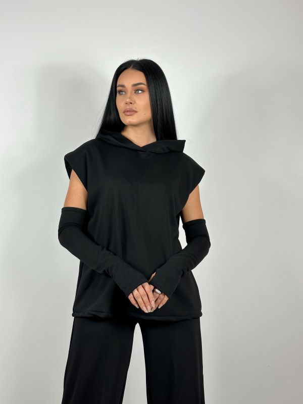 Trening Hoodie Long Cu Maneci Tip Manusi Negru