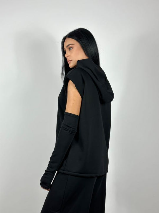 Trening Hoodie Long Cu Maneci Tip Manusi Negru