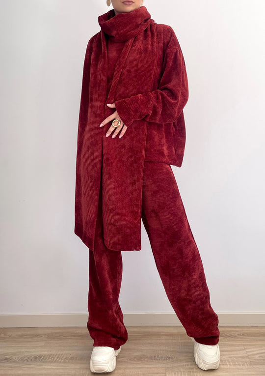 Compleu Din Tricot Gros Cu Fular Bordeaux