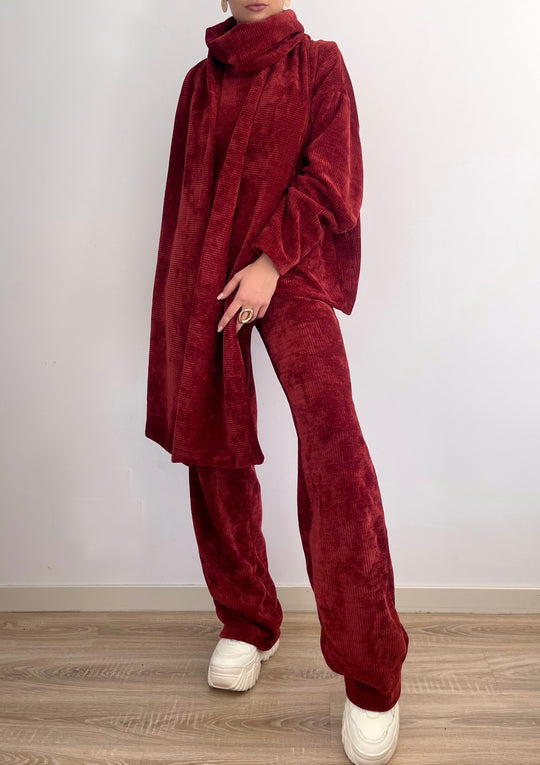 Compleu Din Tricot Gros Cu Fular Bordeaux