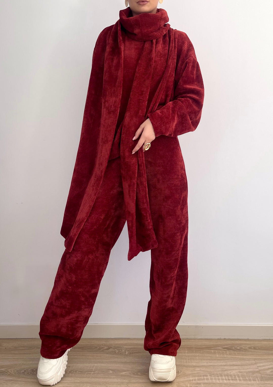 Compleu Din Tricot Gros Cu Fular Bordeaux