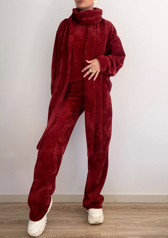 Compleu Din Tricot Gros Cu Fular Bordeaux