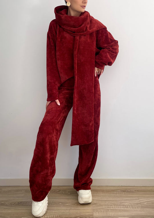 Compleu Din Tricot Gros Cu Fular Bordeaux