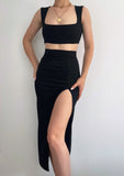 Compleu Top Si Fusta Midi Negru